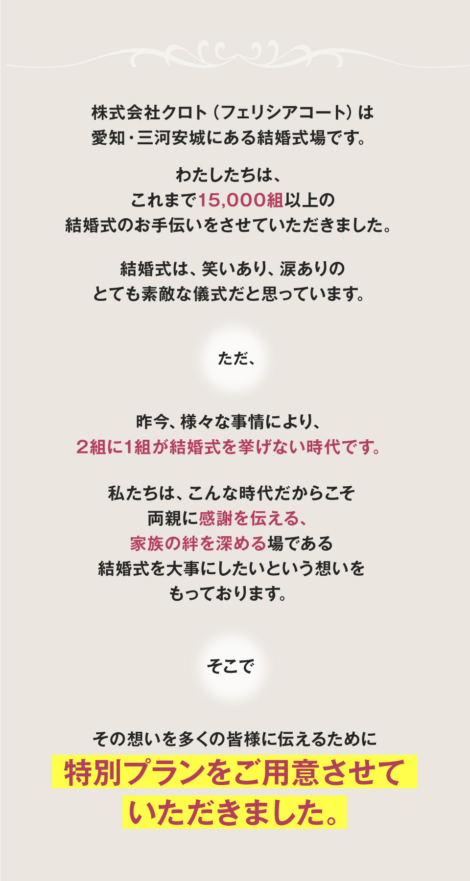 株式会社クロトでは愛知県西三河エリアに生まれ育って108年もの間地域の人々とともに歩み、皆様のおかげで15,000組以上の結婚式をお手伝いさせていただき、今までたくさんの幸せな笑顔と感動を創造してきました。ただ…昨今、様々な事情により2組に1組のカップルが結婚式を挙げない時代になり、年々、結婚式の素晴らしさを後世に伝える機会が減っています。しかし私たちはオープンしてから何組もの結婚式を挙げていただいた方の笑顔をたくさん見てきました。その日の会場は、幸せそうなおふたりの笑顔や、ご家族の笑顔、ご招待されたゲストの笑顔に溢れています。”もっと結婚式の素晴らしさを後世に残したい””もっと幸せなカップルが西三河から誕生してほしい”そう心から考えています。そこで15,000組突破を記念して、今までの感謝の意を込めて特別プランをご用意させていただきました！